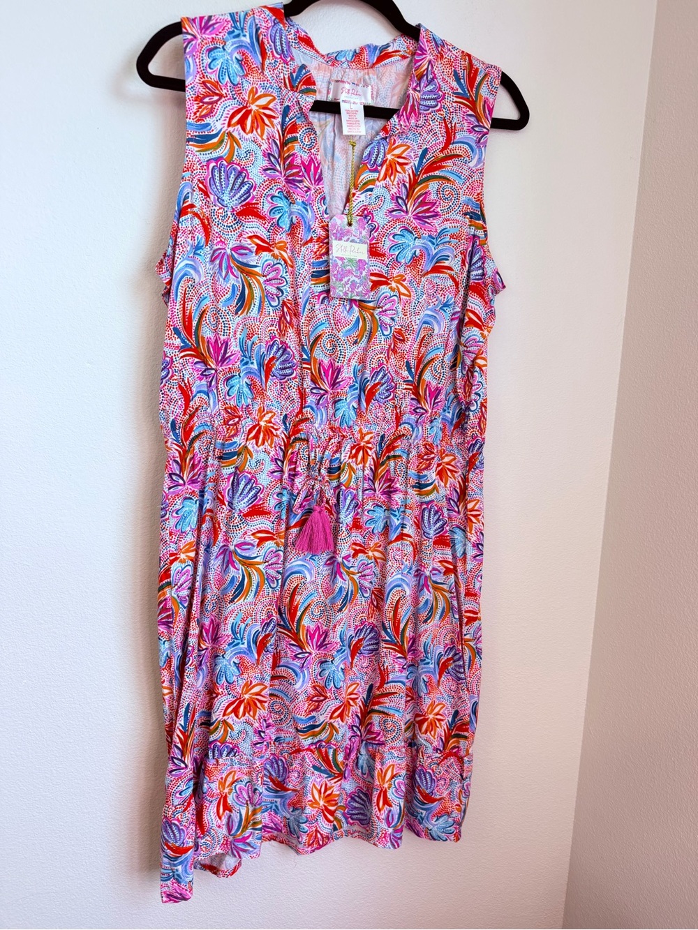 Sleeveless Floral Print V-Neck Dress with Tassel Tie - Multicolor